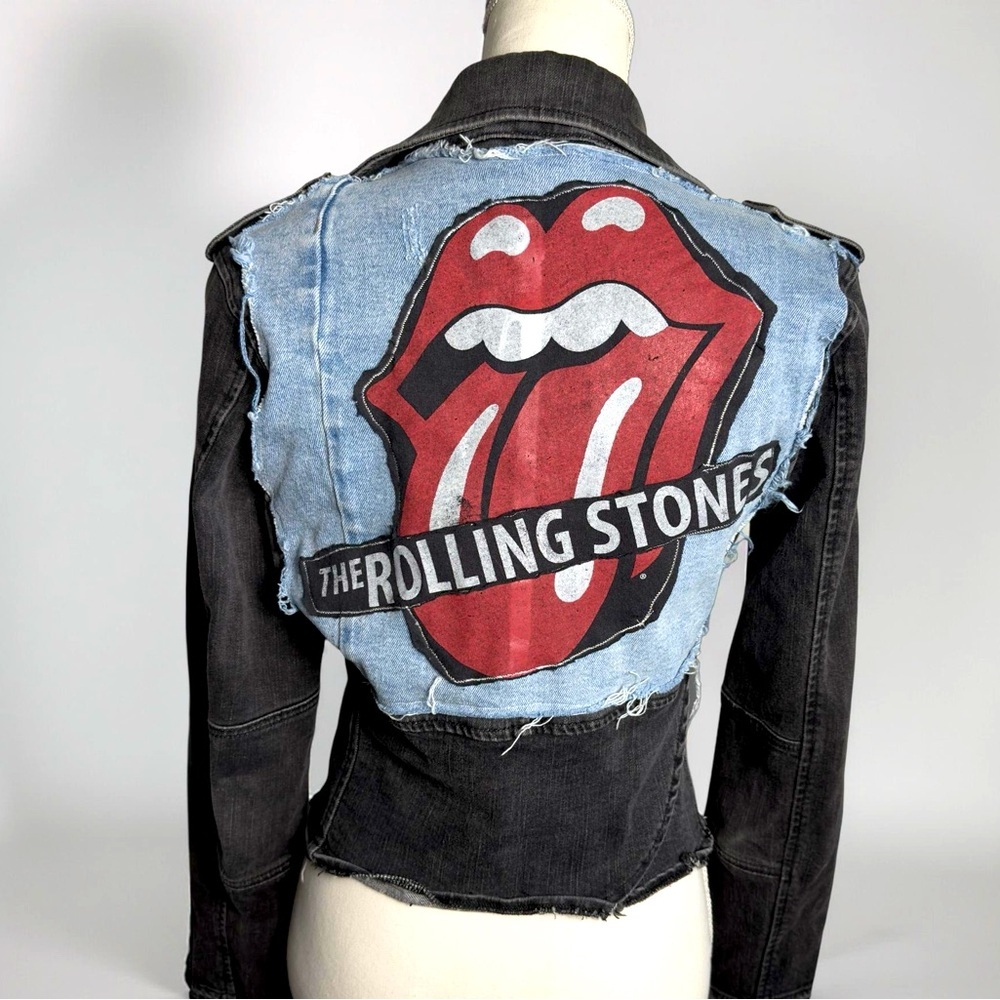 Handcrafted Rolling Stones Denim Jean Moto Upcycled Distressed Jacket - Picture 3 of 8